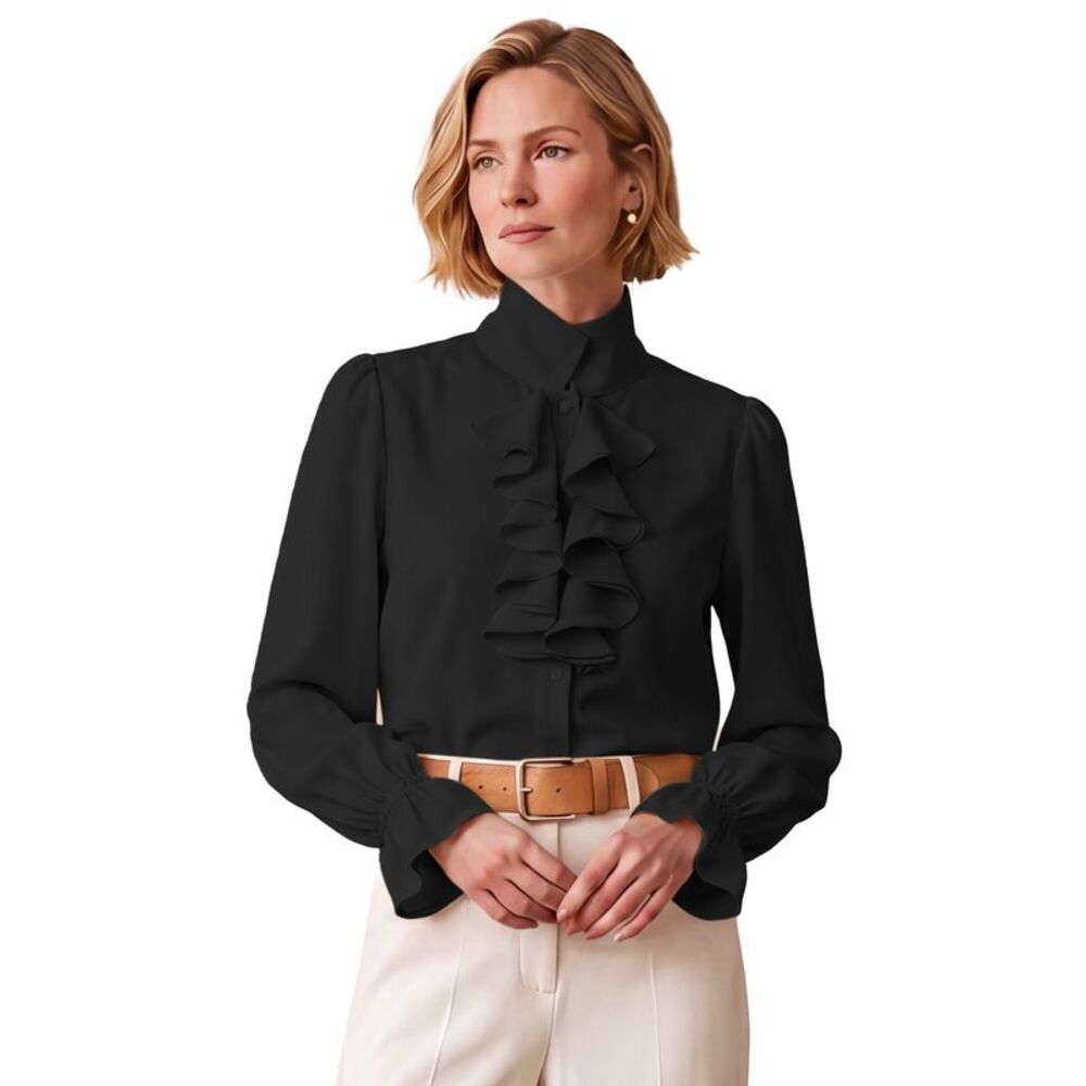 Women's Puff Long Sleeves Mock Neck Regular Fit Ruffle Front Blouse Black